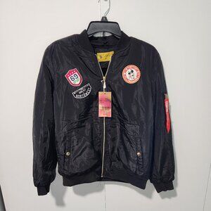 SUPER NOVA NEW Women's Black Bomber Jacket Patches Silver Details Zip Up Size XL